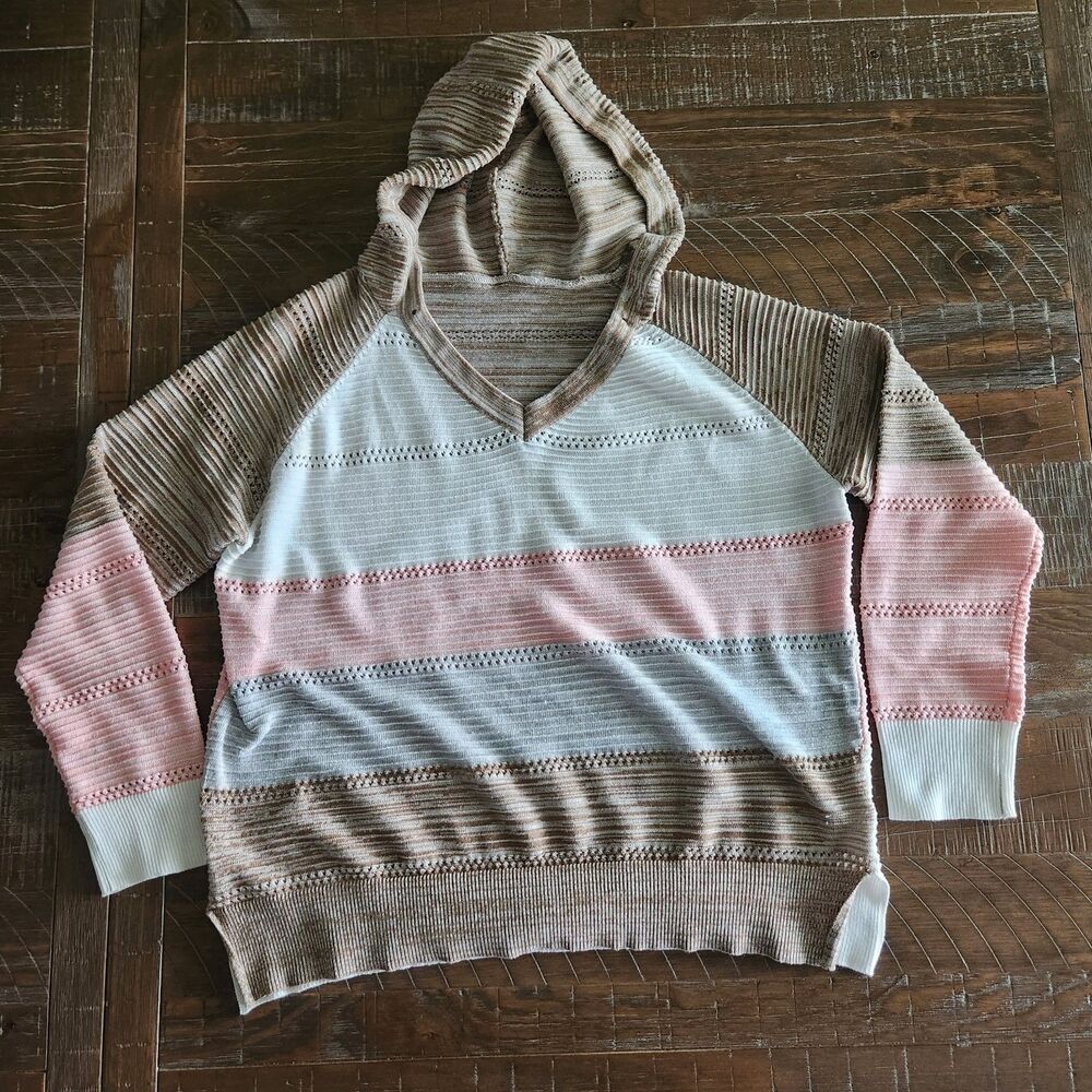 Boutique Hooded Open Knit Sweater XL Pink Cream Taupe Coastal Boho Hoodie
